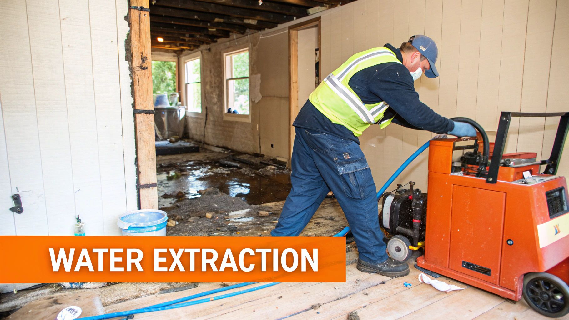 Water extraction process in fire damage restoration, technician operating equipment in flooded interior space.