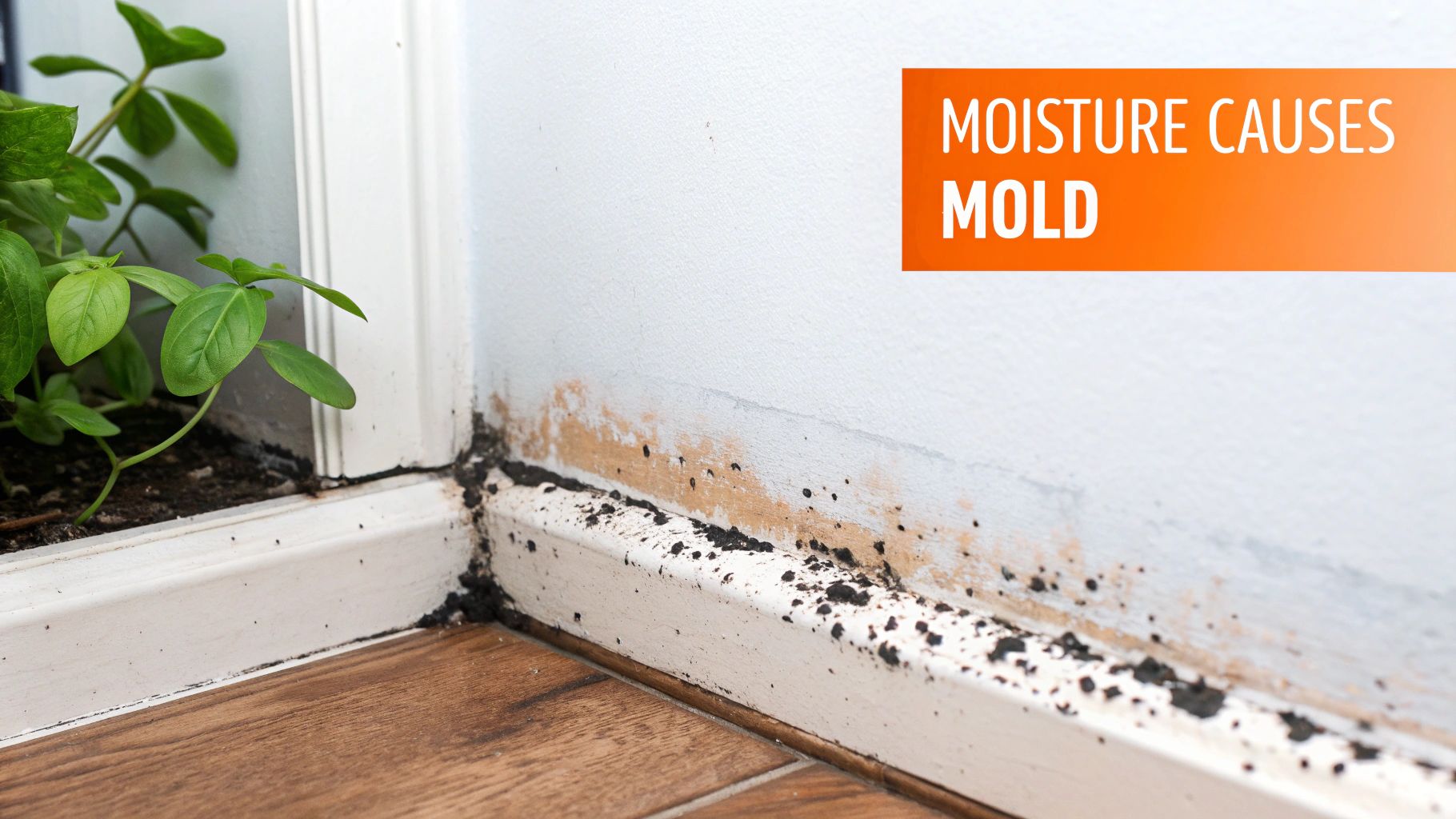 Black mold and moisture damage on a white wall and baseboard next to a green plant.