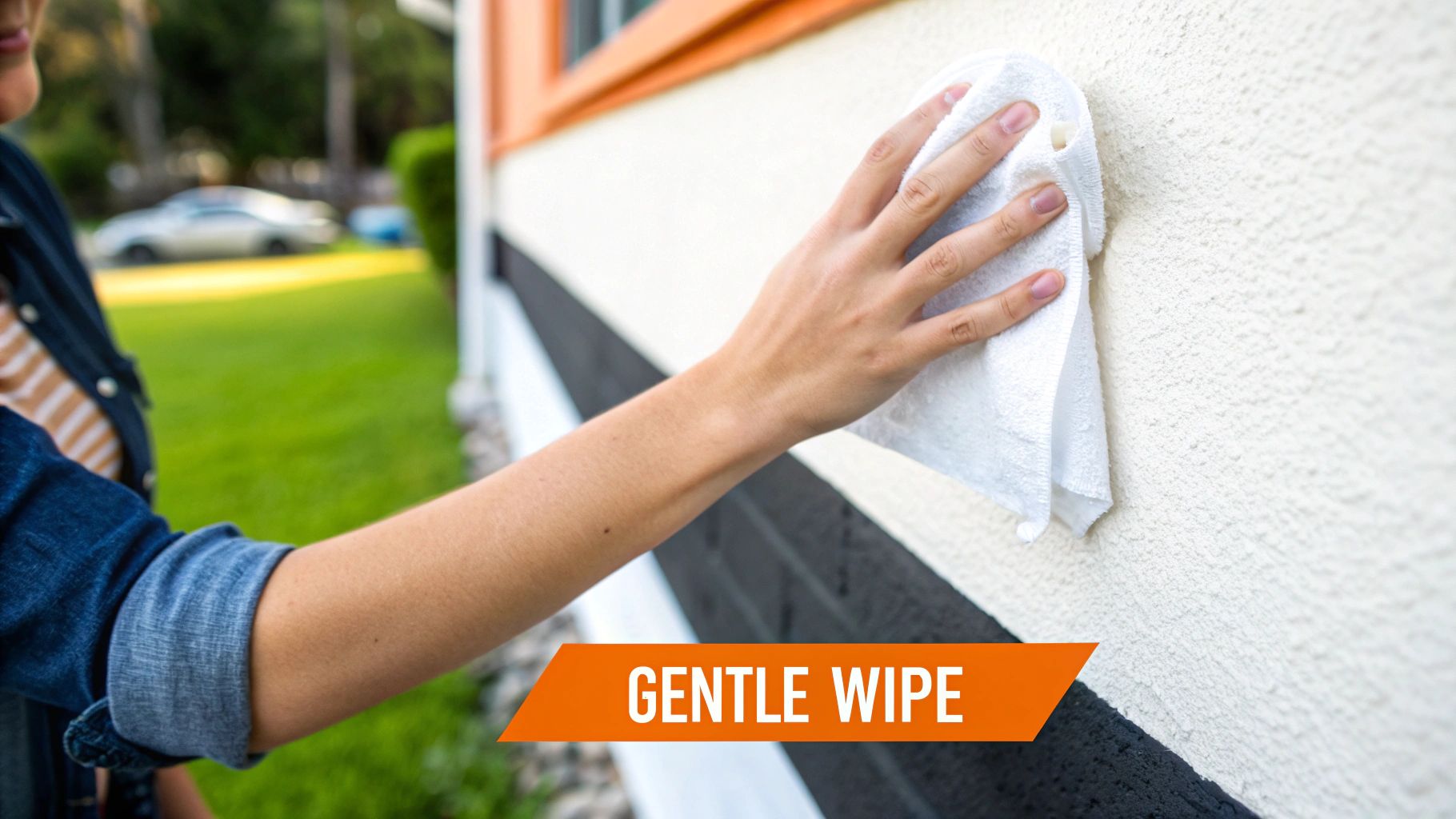 Person gently wiping a textured wall with a cleaning cloth, emphasizing careful cleaning techniques for soot removal in home restoration.