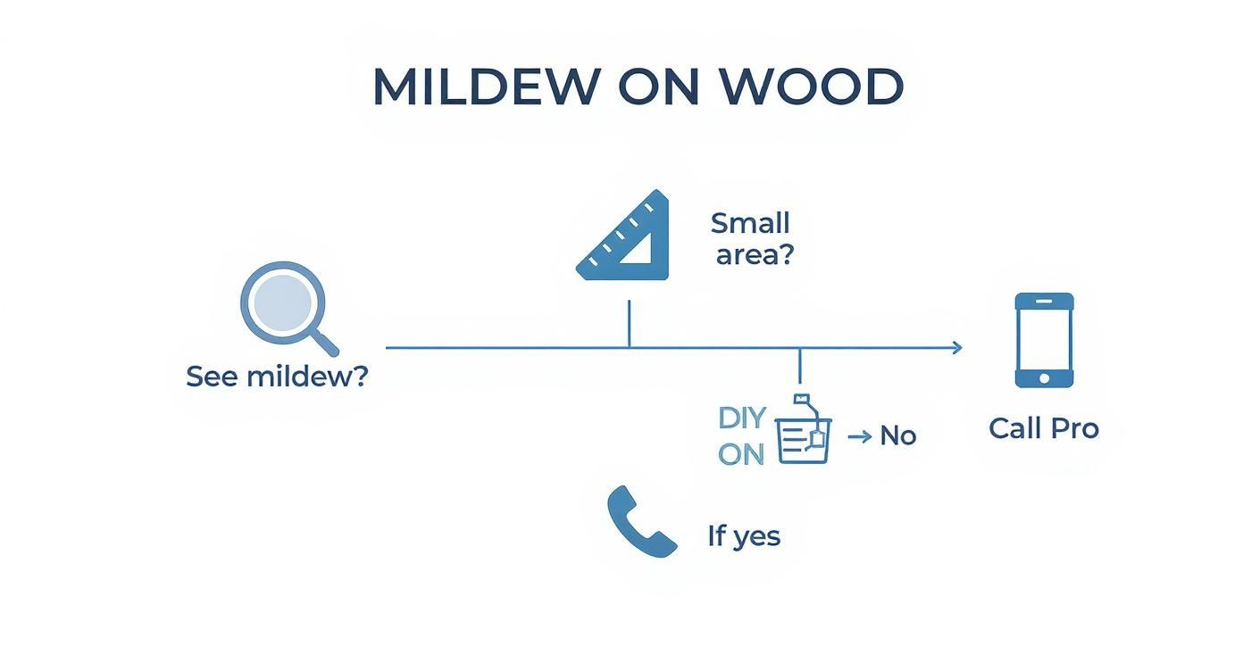 Flowchart illustrating steps to address mildew on wood, from detection and DIY options to calling a professional.