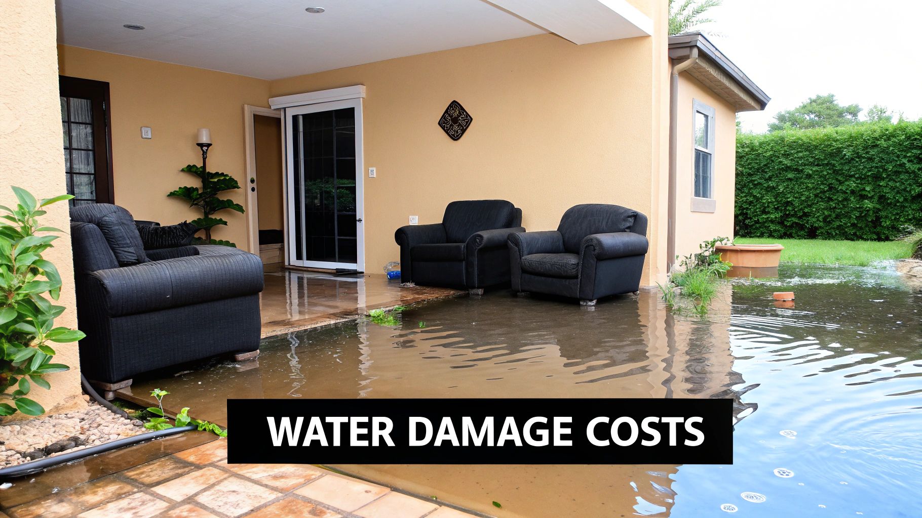 Water-damaged living area with flooded floor, emphasizing water damage costs and repair considerations in Southern California.