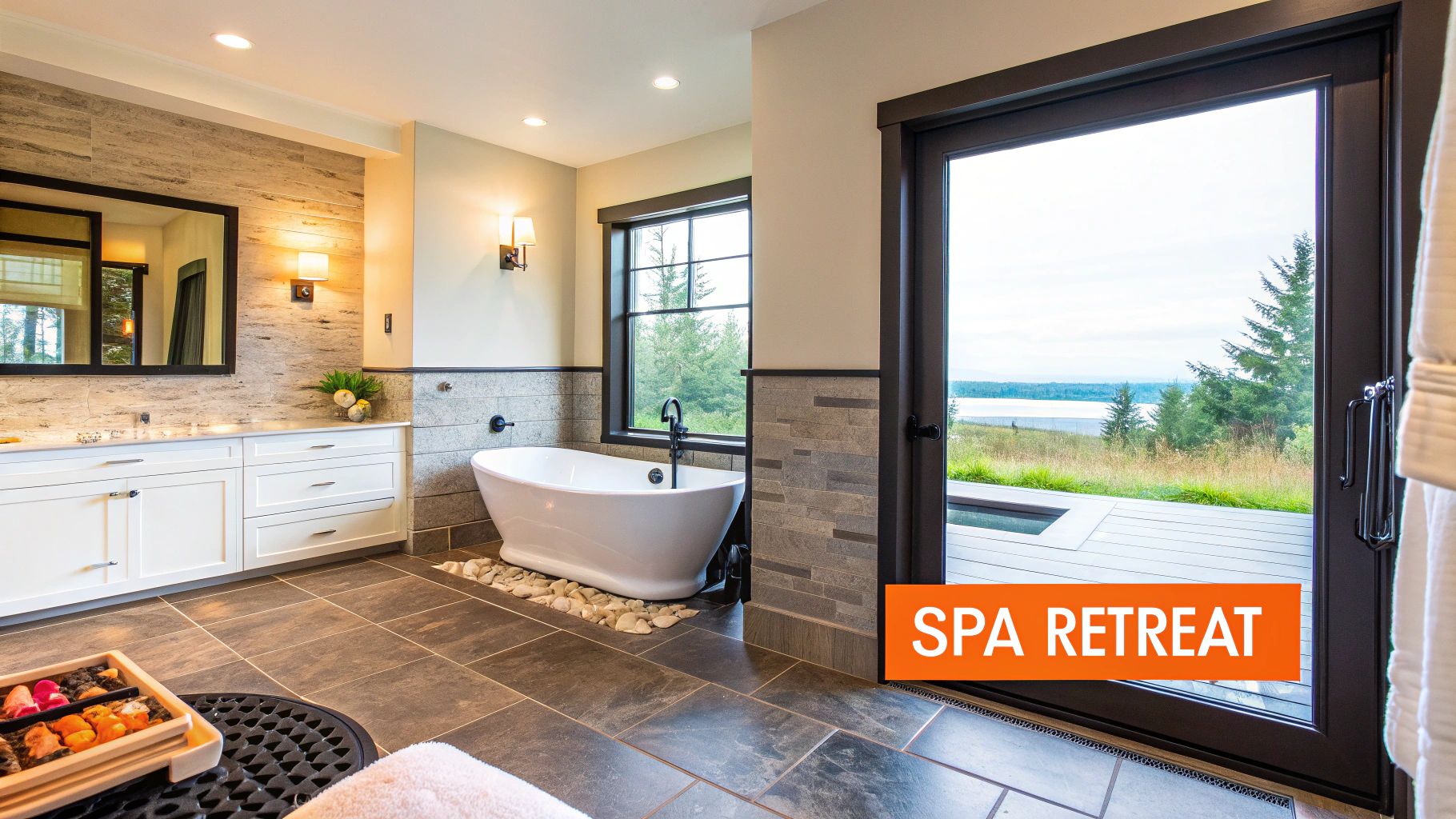 Luxurious spa-inspired ensuite bathroom featuring a freestanding tub, modern fixtures, and large windows with scenic views, embodying a tranquil retreat atmosphere.