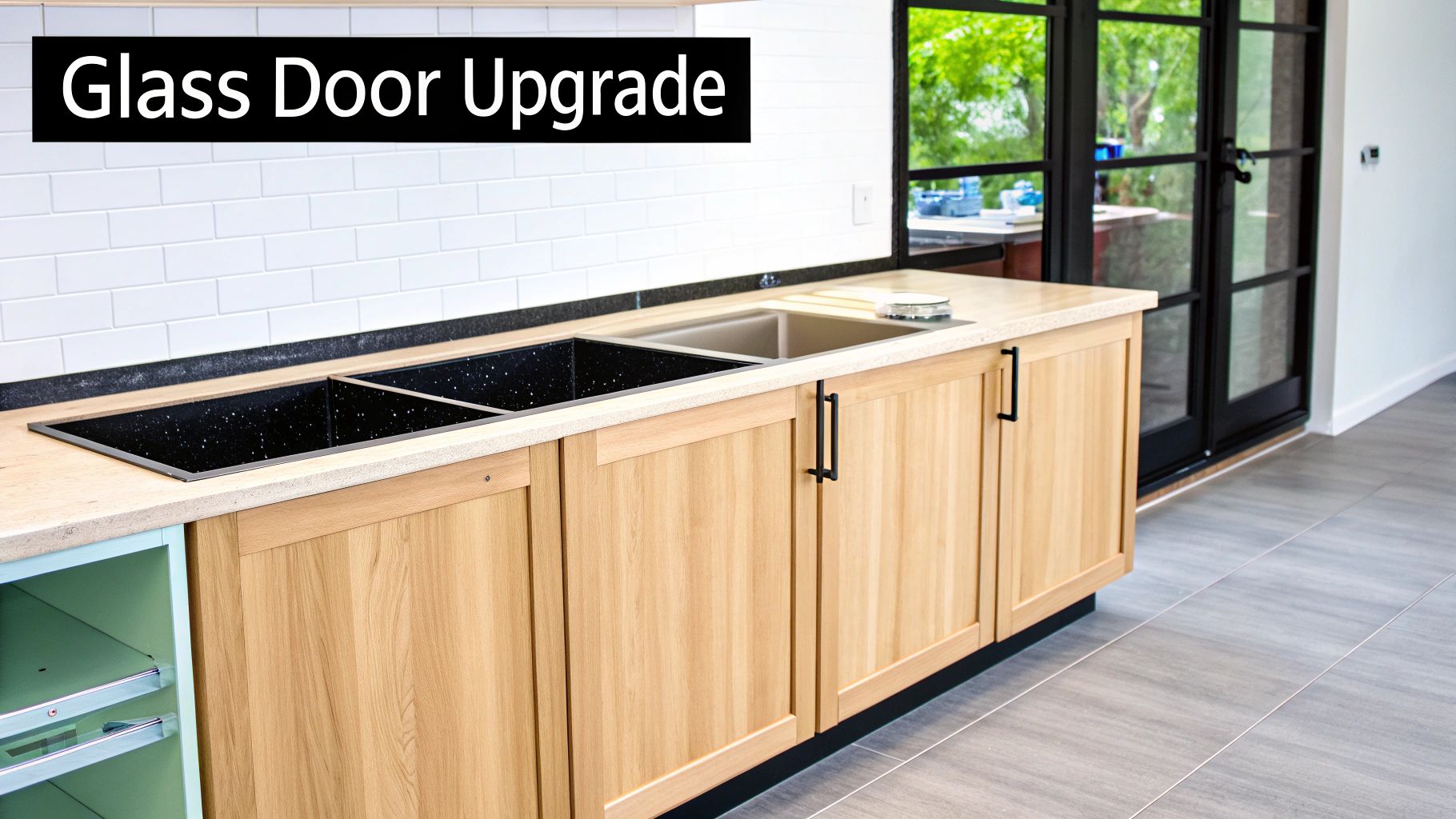 Glass door cabinet upgrade featuring wooden cabinetry and modern sink area in a stylish kitchen setting, emphasizing the aesthetic transformation for Orange County homes.