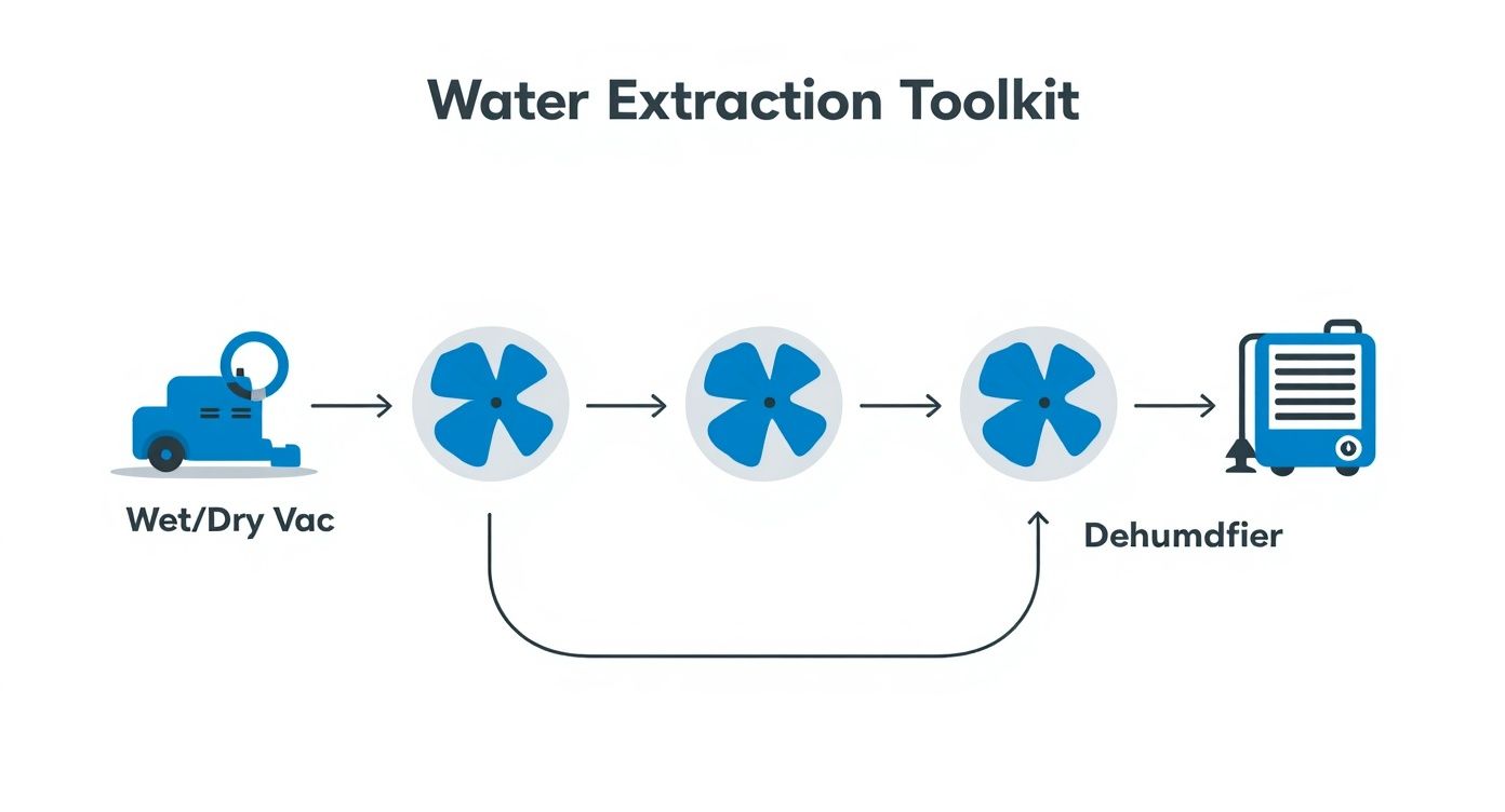 A diagram illustrating a water extraction toolkit with a wet/dry vac, fans, and a dehumidifier.