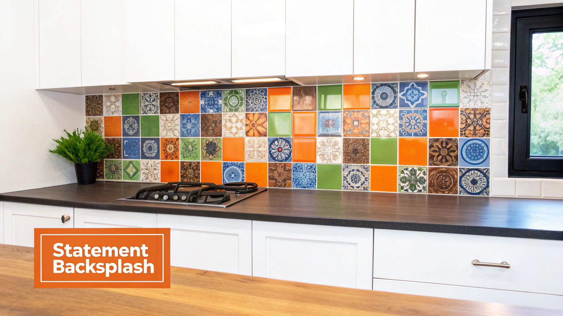 A modern kitchen featuring a vibrant, multi-colored tiled backsplash above a dark countertop.