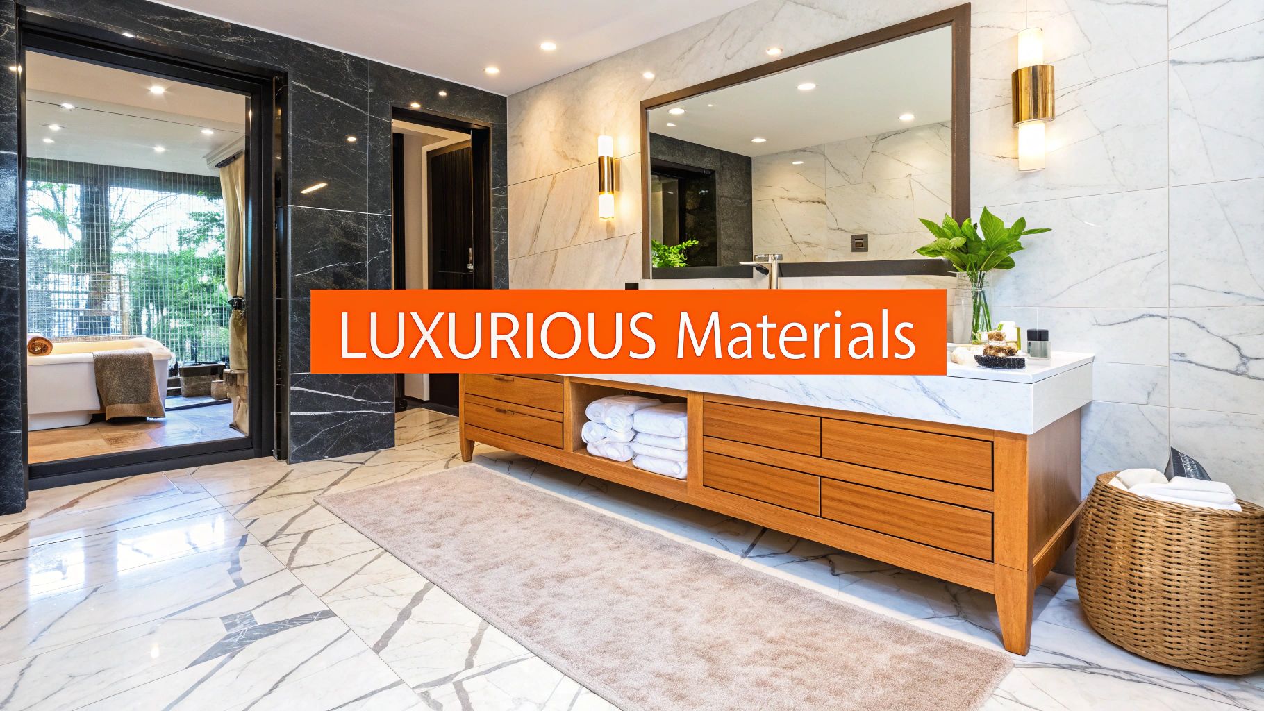 Luxurious bathroom featuring natural stone surfaces, wooden cabinetry, plush towels, and elegant lighting, emphasizing serene and high-end spa-like design elements.
