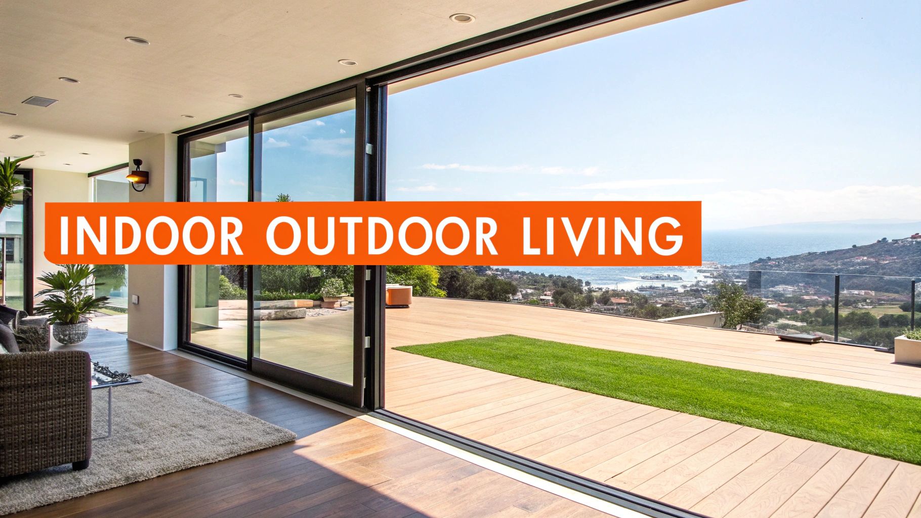 Spacious modern home featuring indoor-outdoor living with a deck overlooking the ocean and hills.