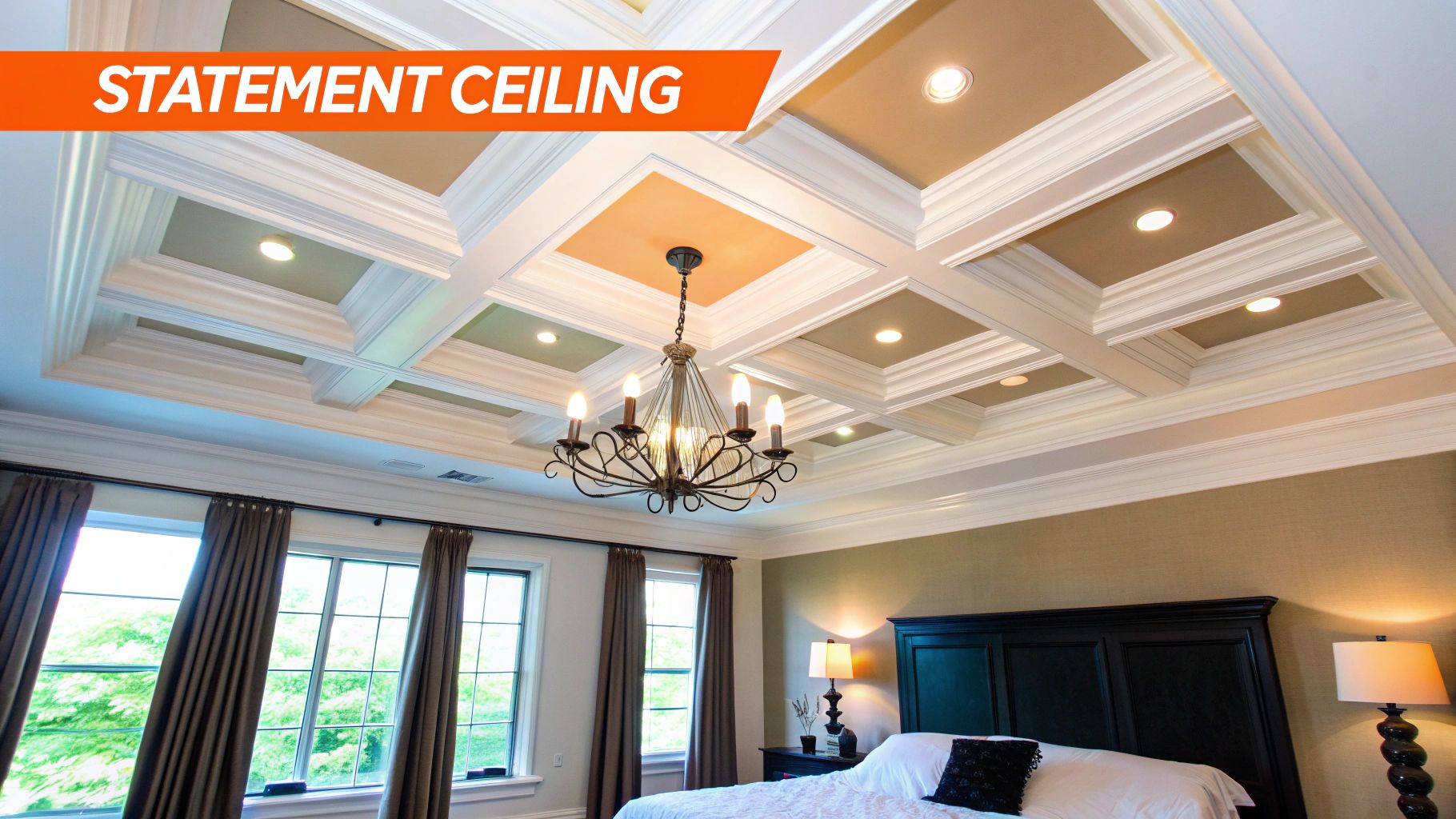 Statement ceiling with coffered panels and modern chandelier in luxury master bedroom, enhancing architectural detail and visual interest, reflecting high-end design aesthetics.