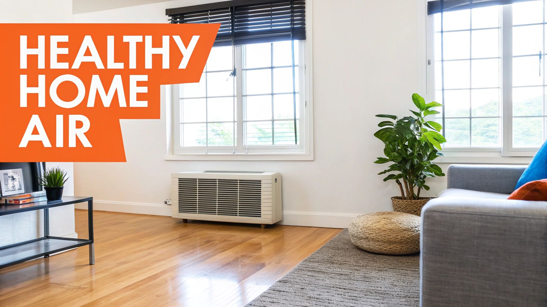 Cozy living room with natural light, featuring a gray sofa, potted plant, air conditioning unit, and text overlay "HEALTHY HOME AIR," emphasizing the importance of indoor air quality in Orange County homes.