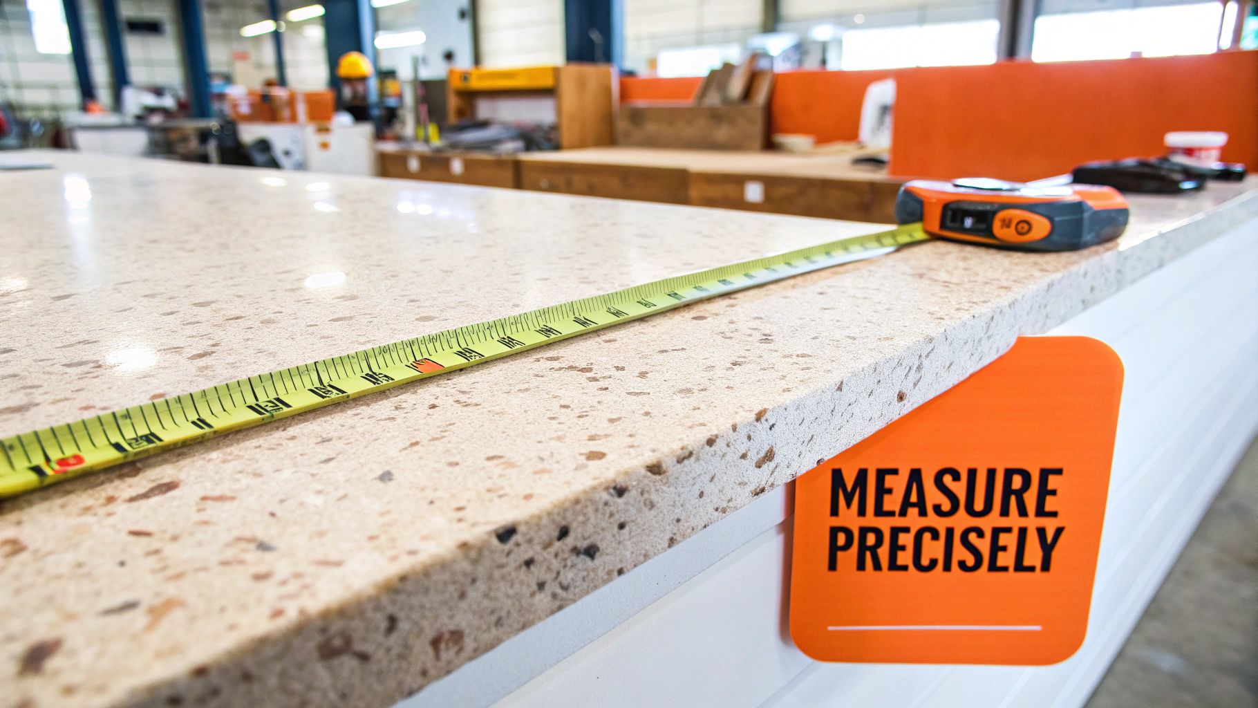 Measuring tape on a quartz countertop with a sign reading "MEASURE PRECISELY," emphasizing the importance of accurate measurements for successful countertop installation.
