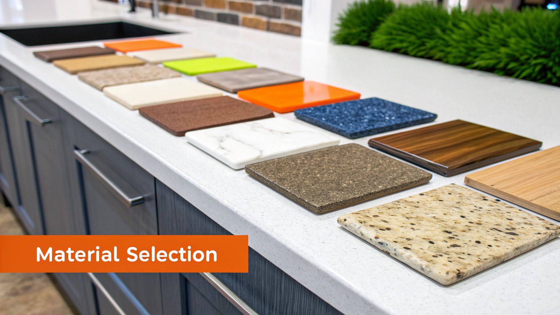 A selection of high-end kitchen materials including quartz countertops, cabinet door samples, and modern hardware laid out on a design table.