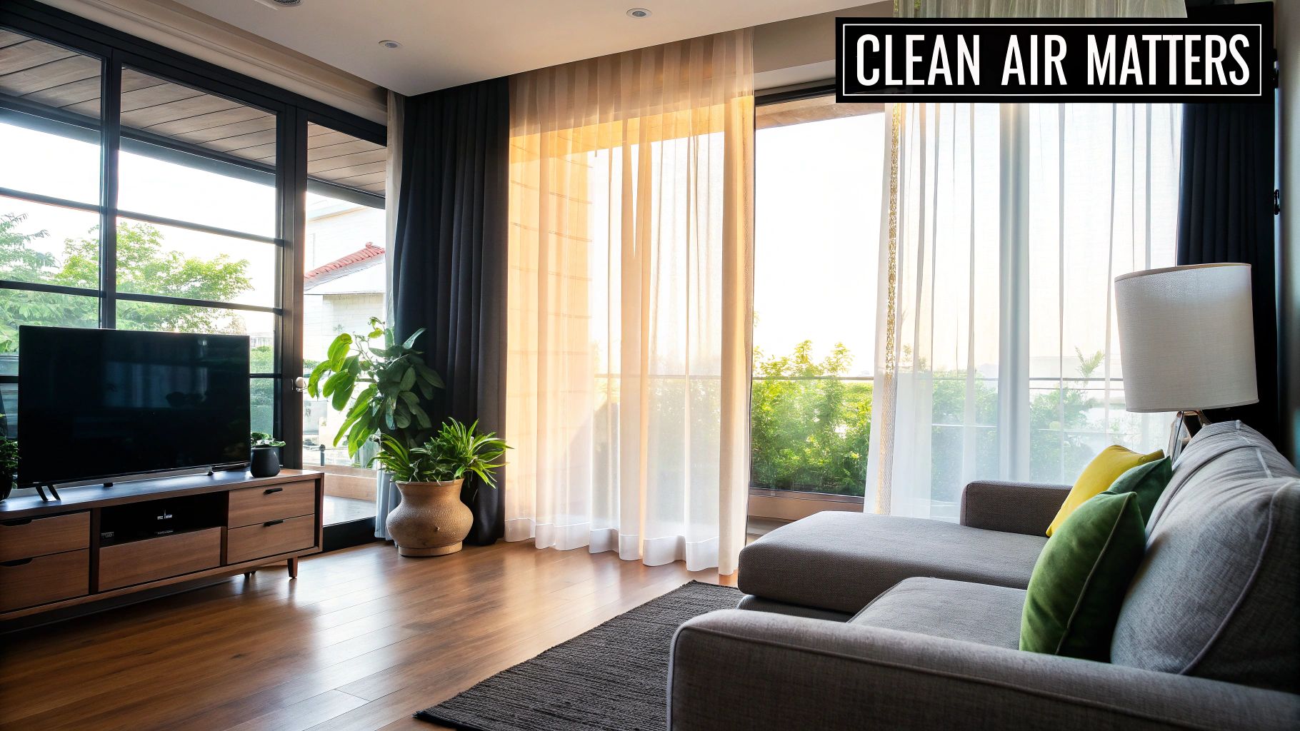 Modern living room with large windows, indoor plants, and a TV, featuring a banner that reads "CLEAN AIR MATTERS," emphasizing the importance of indoor air quality for health and comfort in homes.