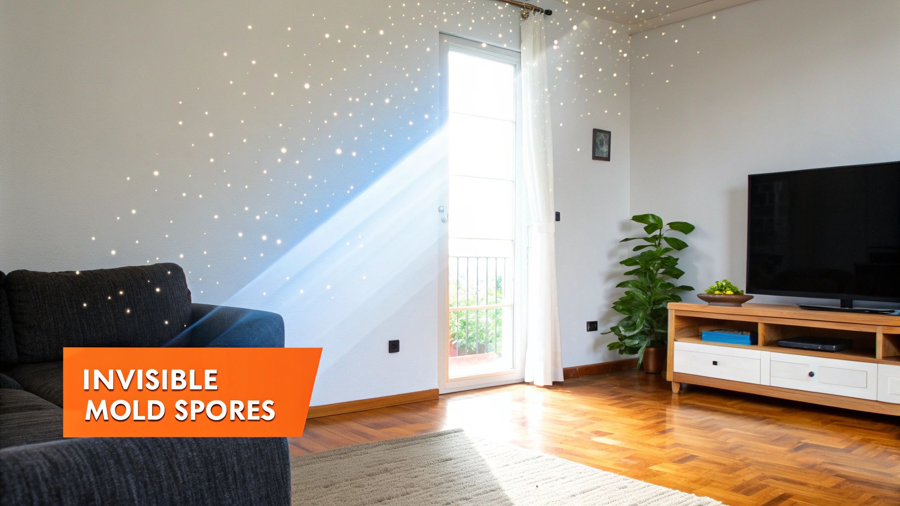 Modern living room showing invisible mold spores floating in air near walls and furniture