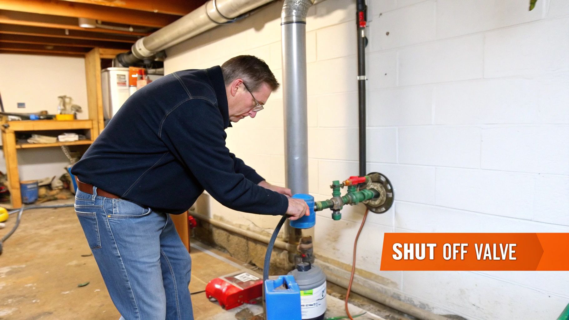 Person operating a shut-off valve in a basement, emphasizing immediate action to prevent water damage, relevant to water and mold mitigation guidance.