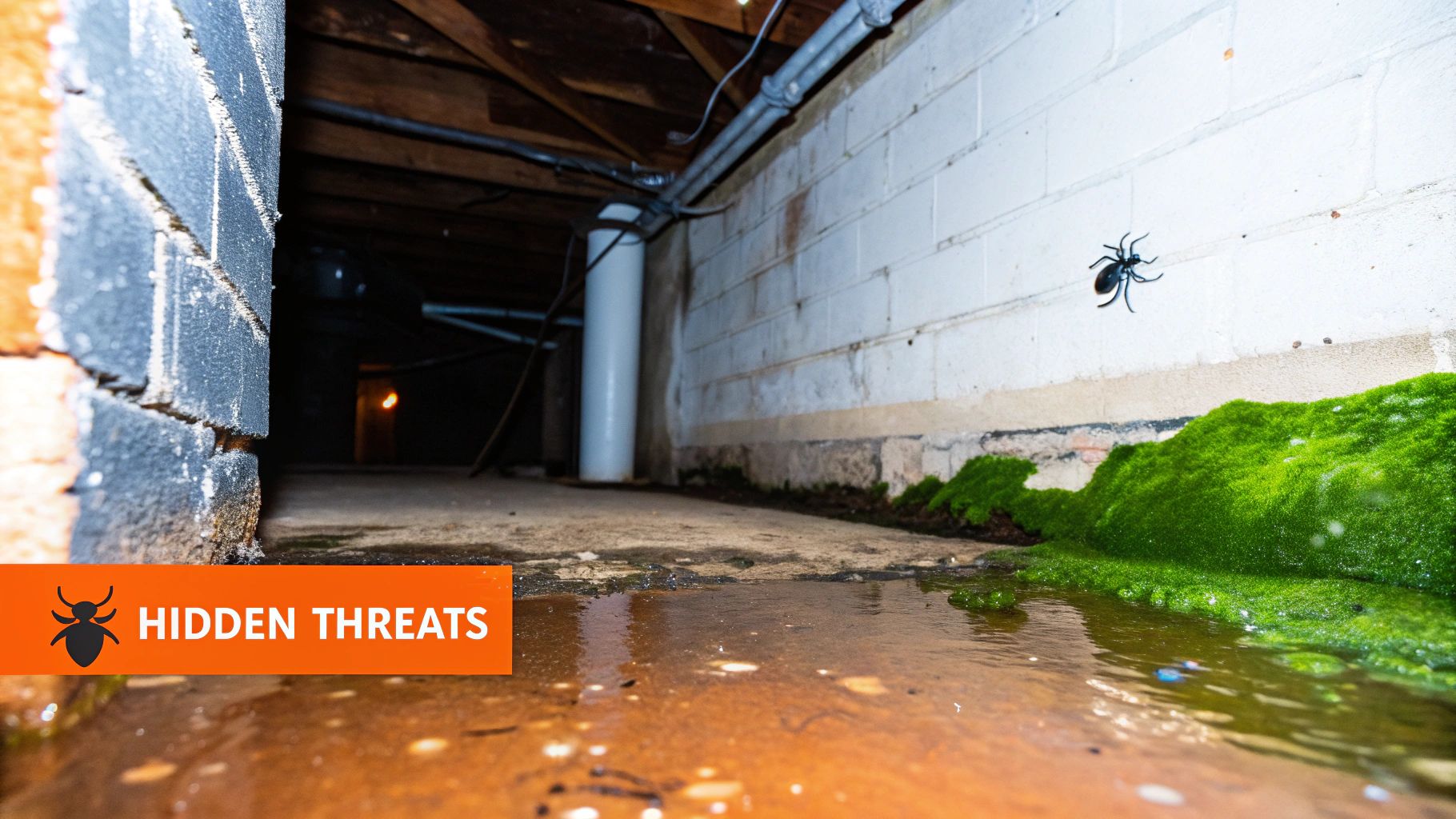 Crawl space with damp floor, visible water pooling, green moss growth, and spider on wall, highlighting hidden threats related to moisture and mold issues in homes.