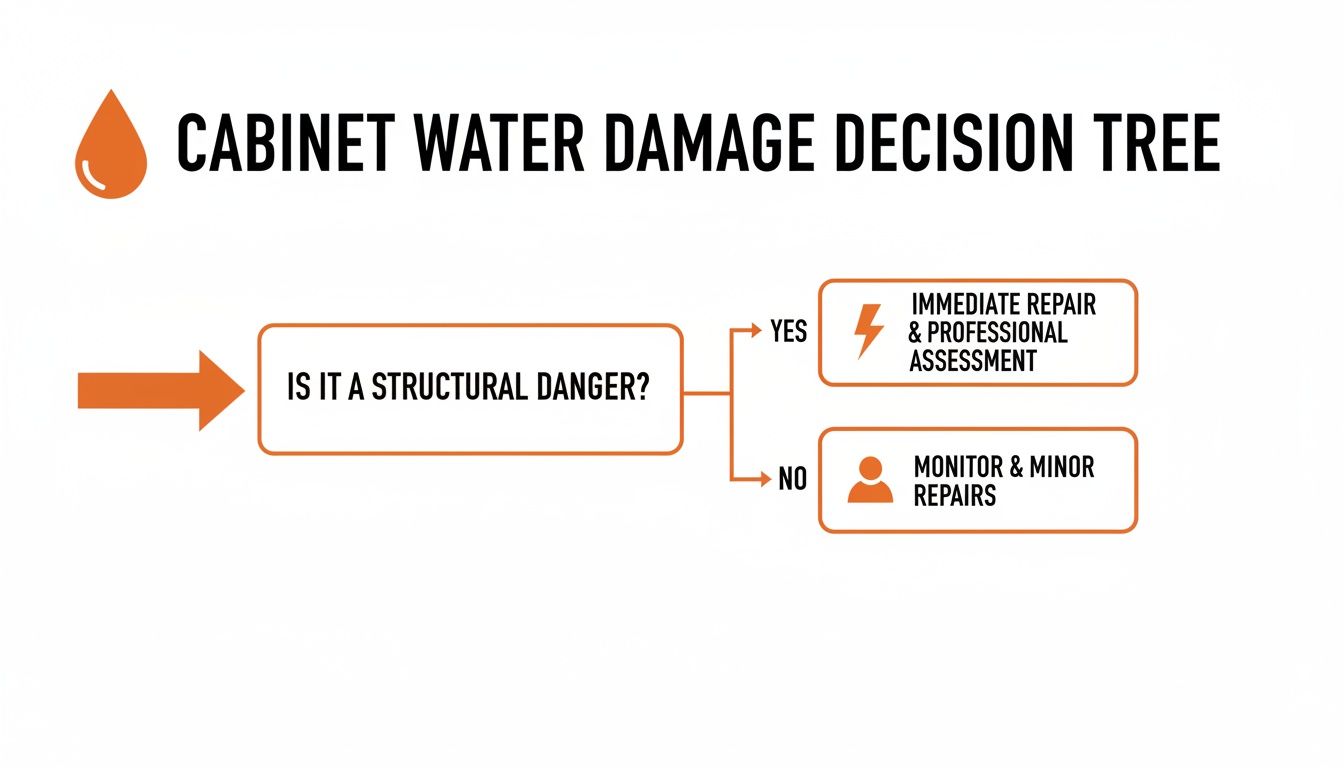 Decision tree for cabinet water damage, guiding through structural danger assessment and repair options.