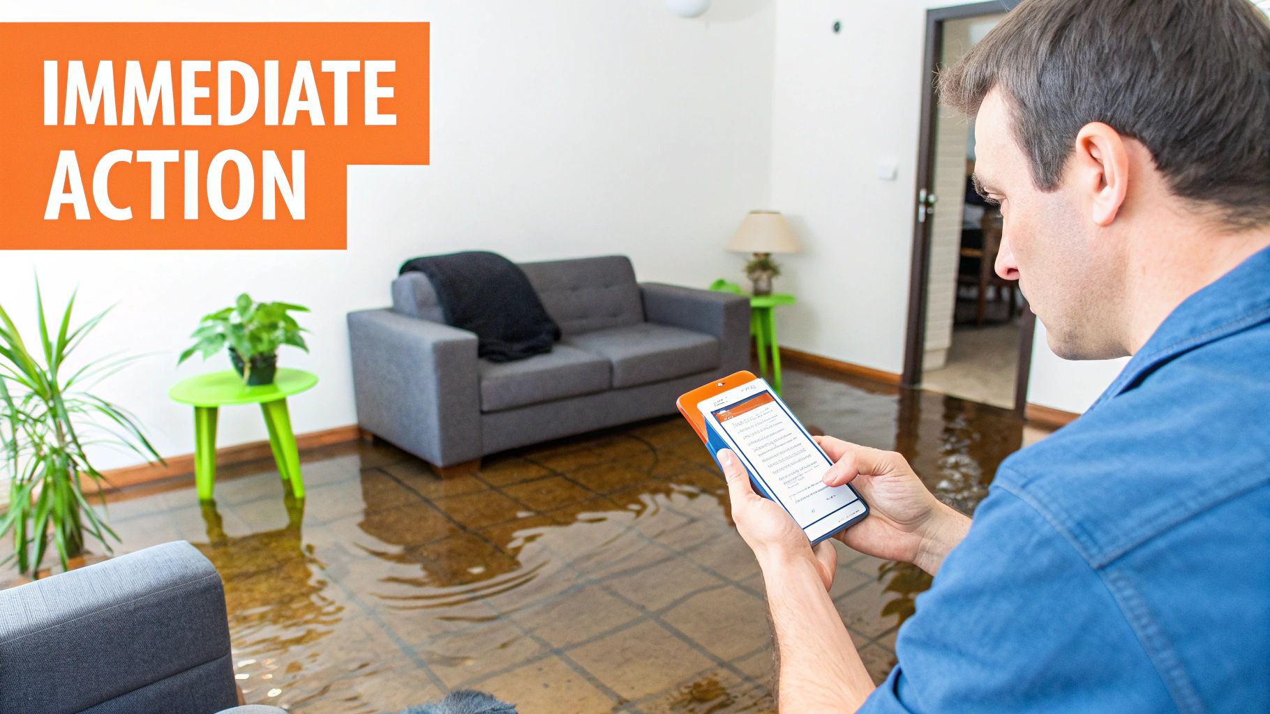 A man in a flooded living room reads immediate action steps on his smartphone.