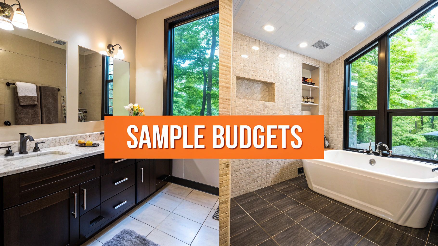 Split image showing two modern bathroom designs, one with vanity and another with a freestanding tub, with 'SAMPLE BUDGETS' text.