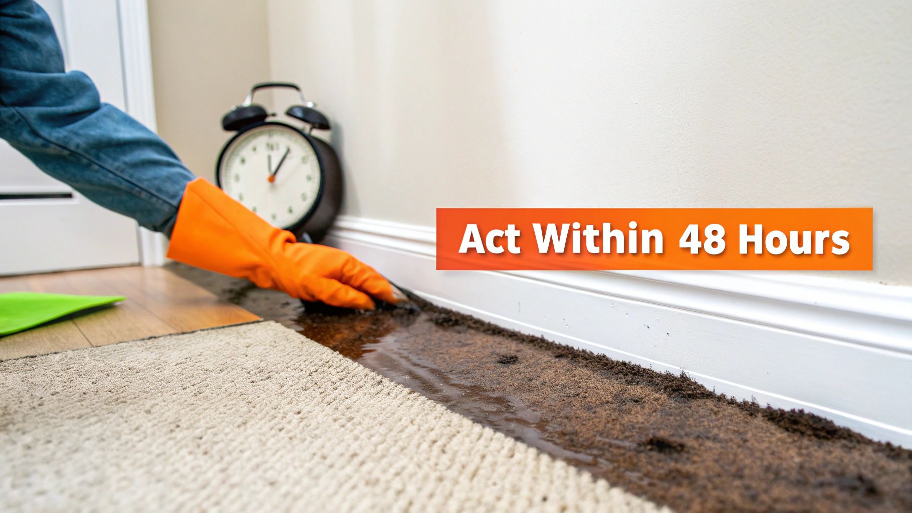 Person wearing orange gloves cleaning water-damaged carpet near wall, emphasizing urgency to act within 48 hours to prevent mold growth.