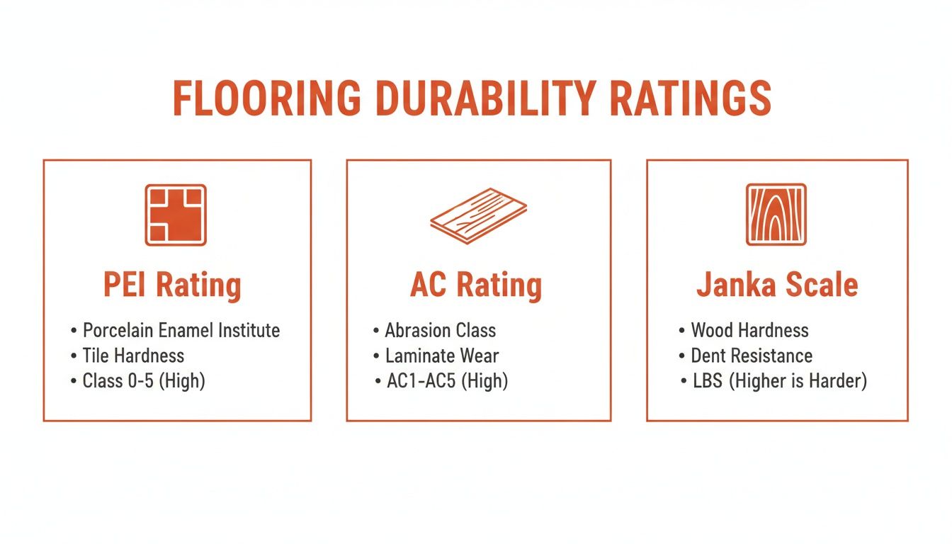 An infographic detailing flooring durability ratings, including PEI, AC, and Janka Scale for tile, laminate, and wood hardness.