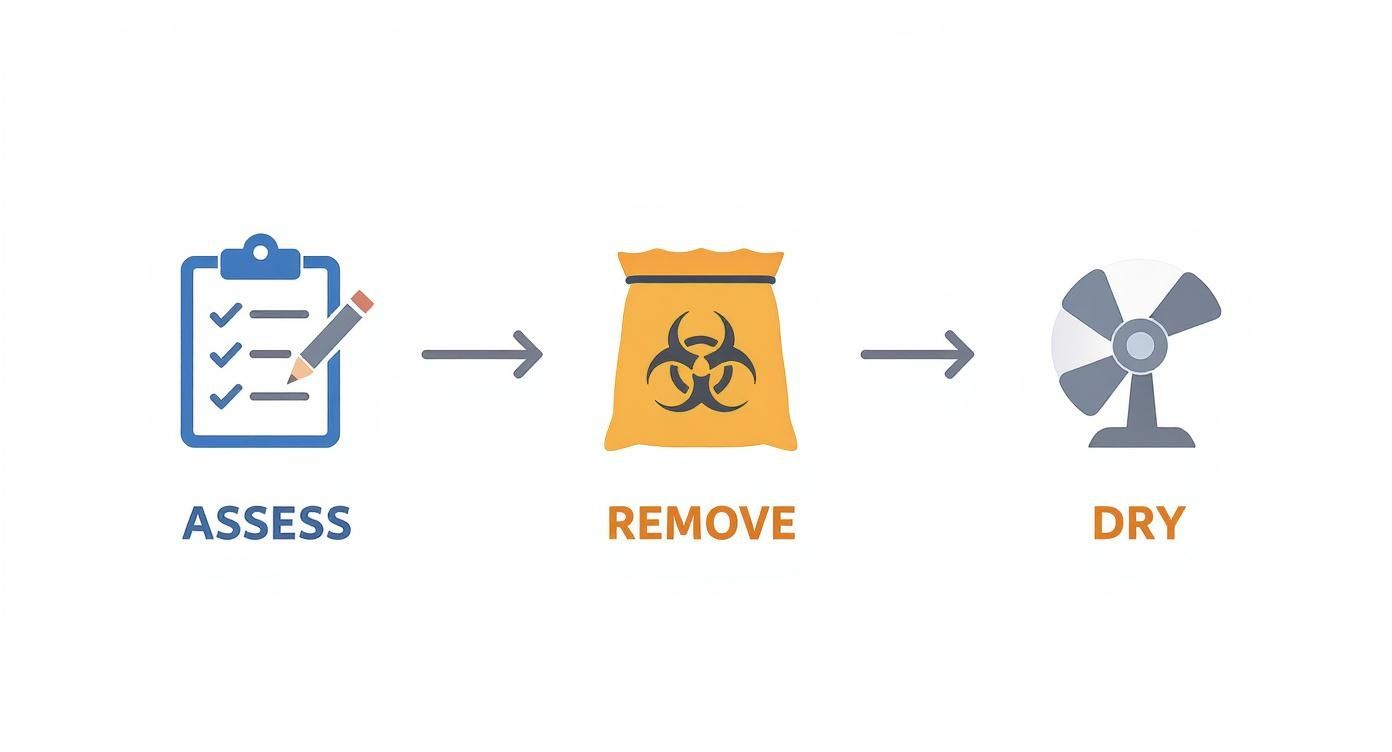 Three-step water damage restoration process showing assessment, biohazard removal, and drying equipment illustration