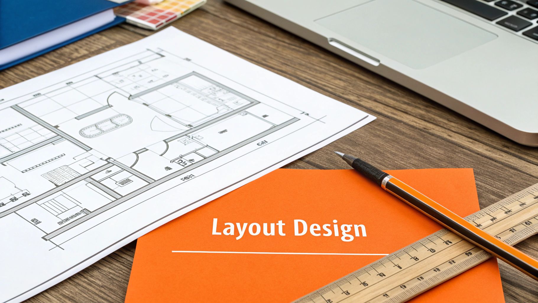 Kitchen layout design blueprint with orange folder labeled "Layout Design," pencil, and ruler on a wooden desk, symbolizing professional planning for kitchen remodeling.