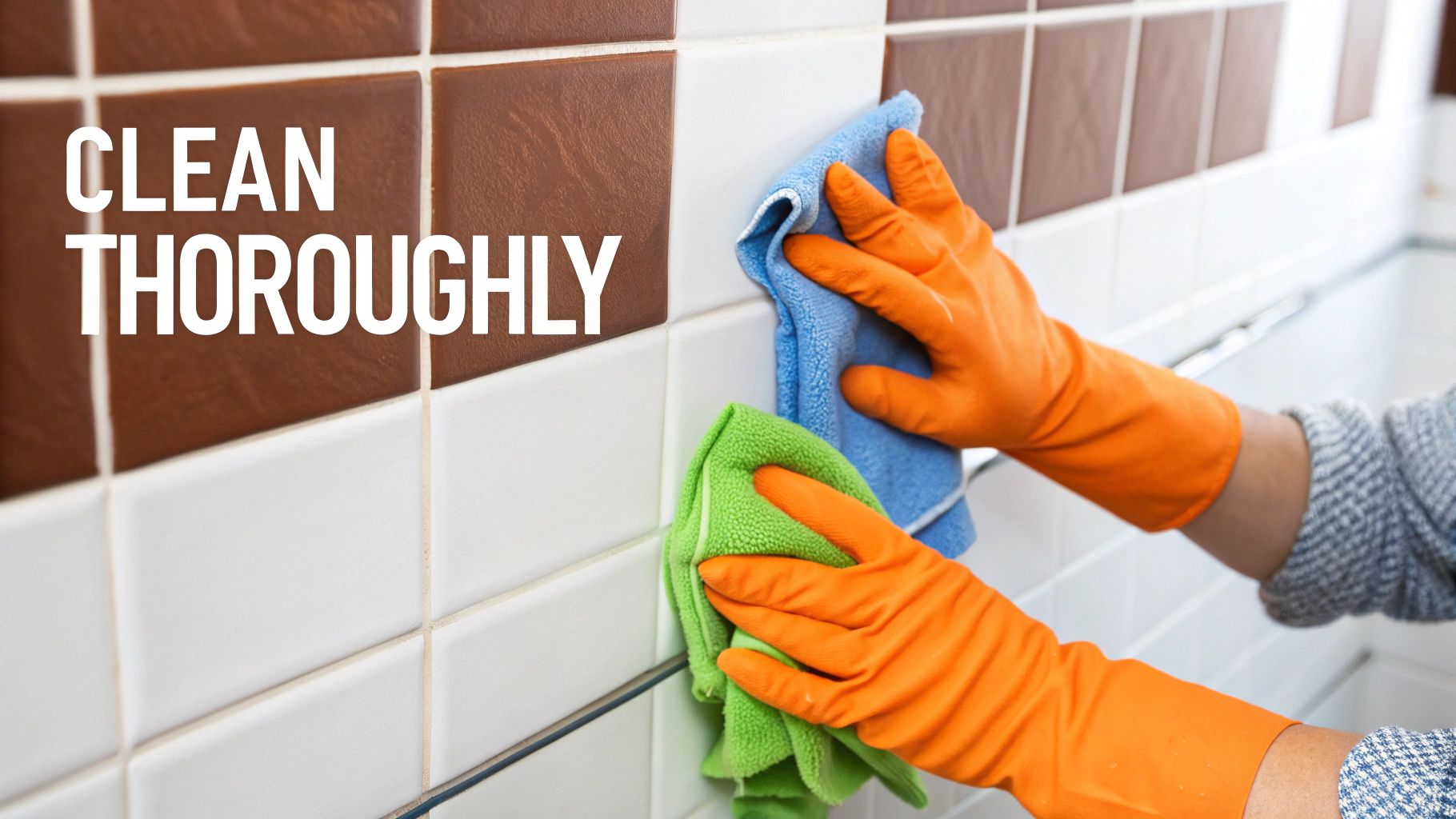 Hands wearing orange cleaning gloves using blue and green cloths to clean bathroom tiles, emphasizing thorough cleaning to prevent mold growth.