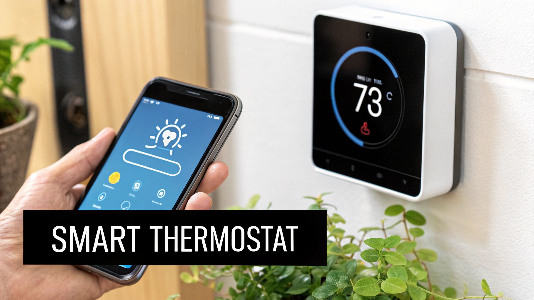 Smart thermostat displayed on a wall, with a smartphone in hand showing a control interface, emphasizing energy efficiency and remote climate management.