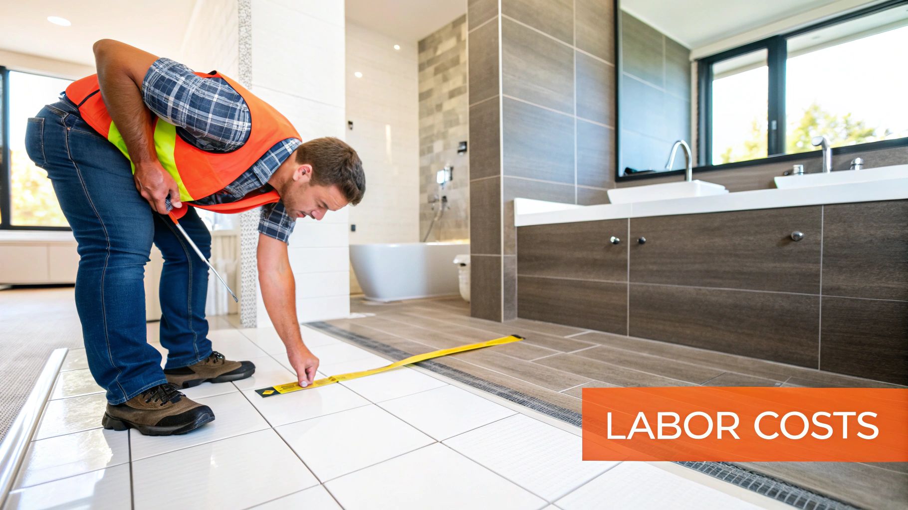Construction worker measuring tiles in modern bathroom, highlighting labor costs in remodeling budget.