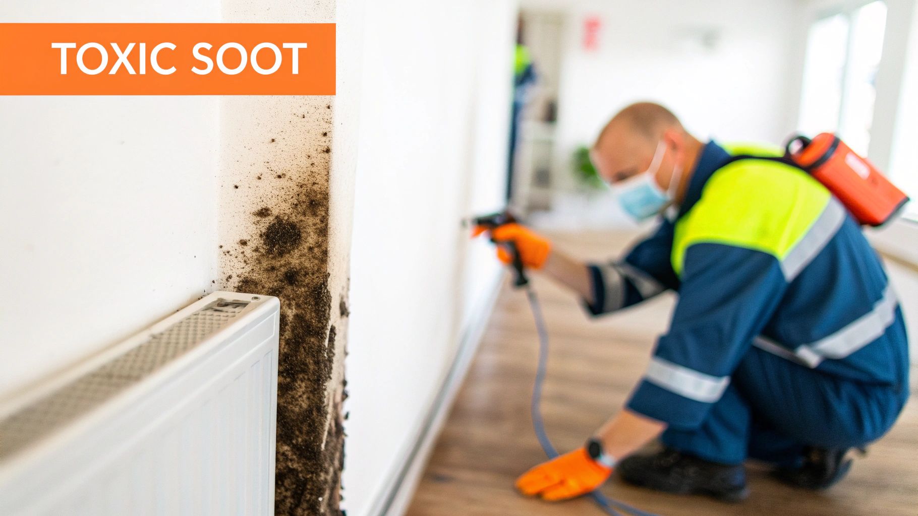 Technician in protective gear spraying wall with toxic soot residue in fire restoration project, highlighting importance of professional cleanup.