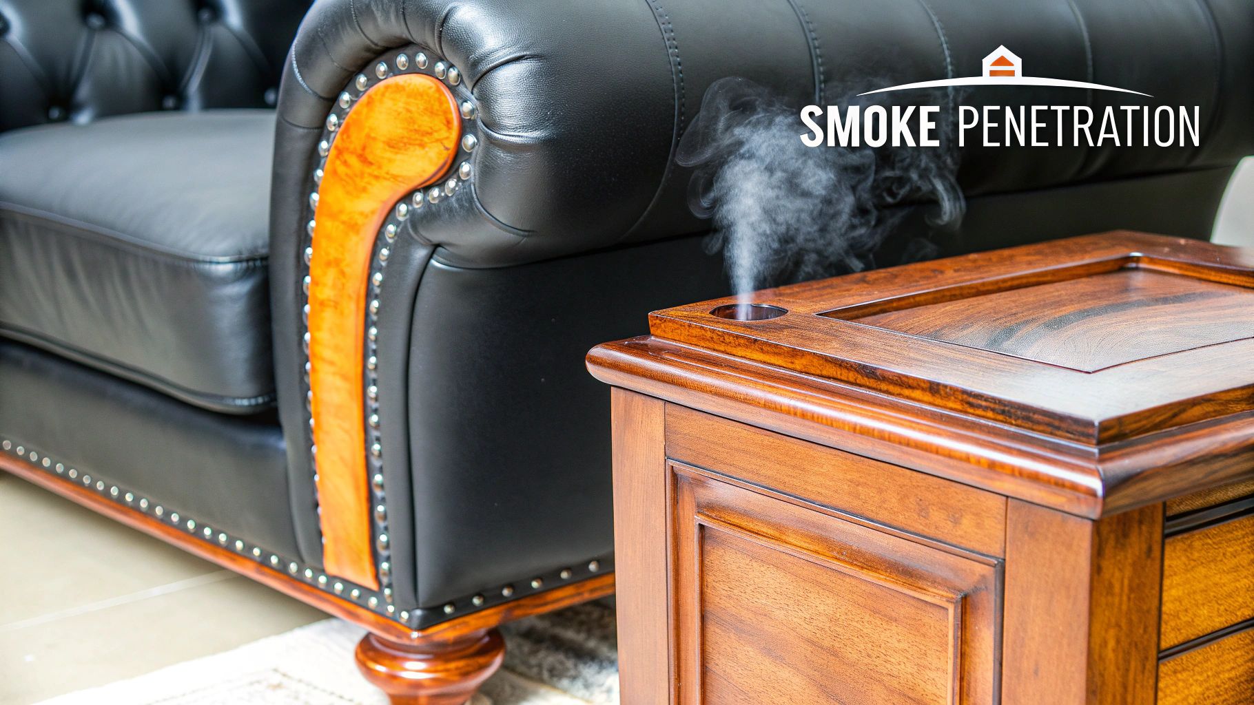 Smoke rising from a hole in a wooden side table next to a black leather armchair.
