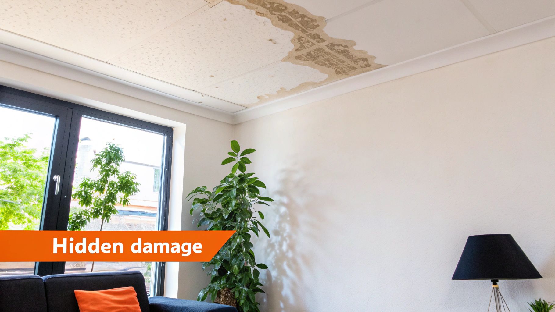 A living room with a severely water-damaged ceiling, indicating a leak, above a window and houseplant.