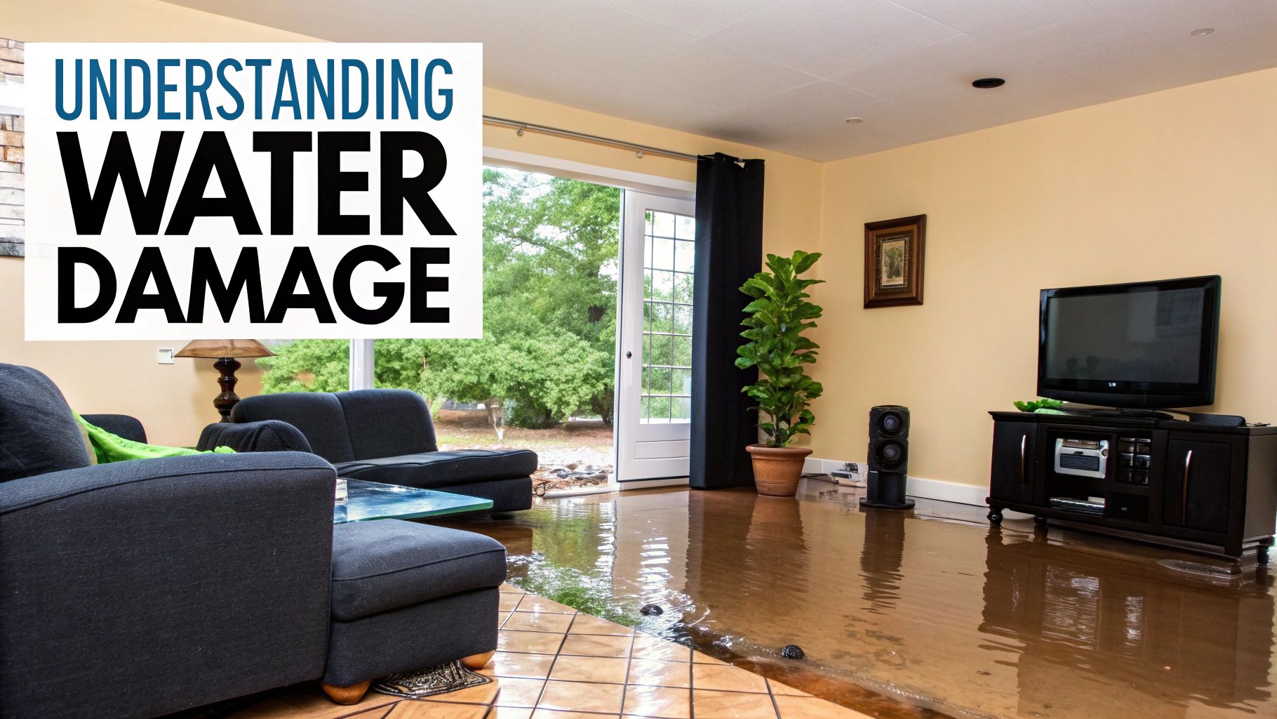 Living room with water damage, flooded floor, furniture, and text overlay "Understanding Water Damage."