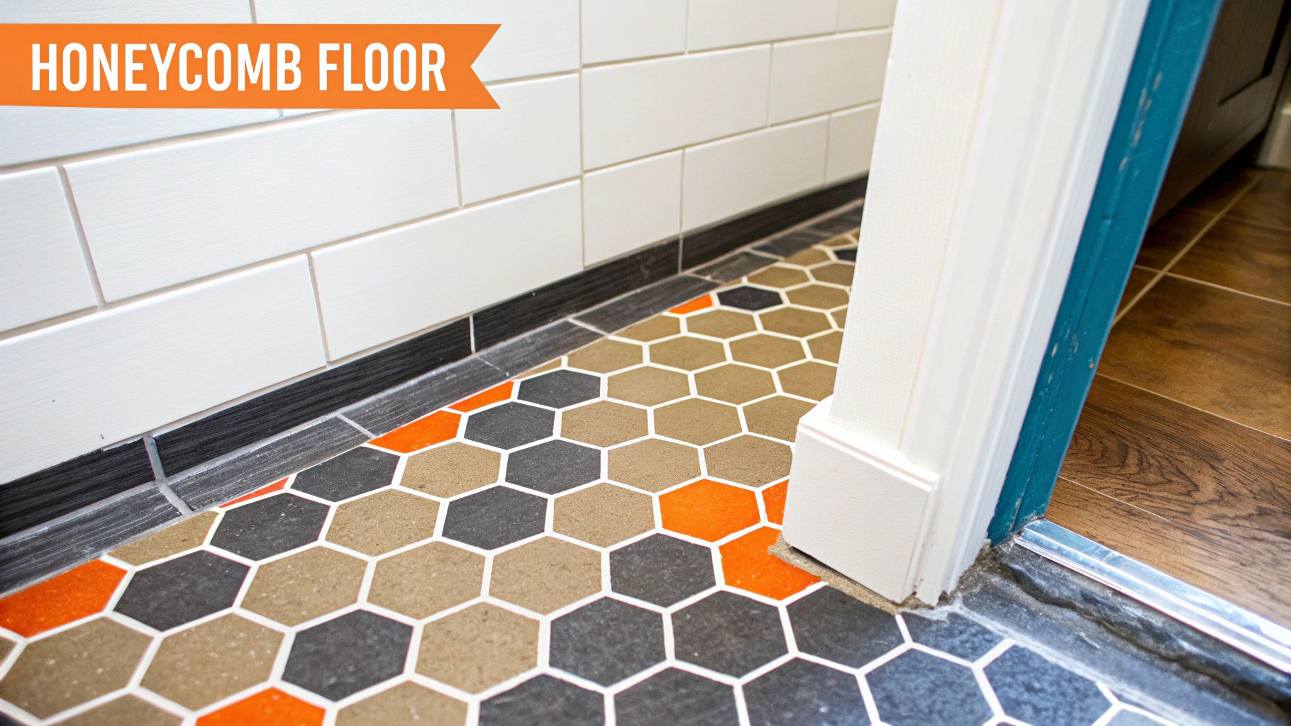 A vibrant honeycomb tile floor featuring orange, brown, and dark grey hexagons with white grout.