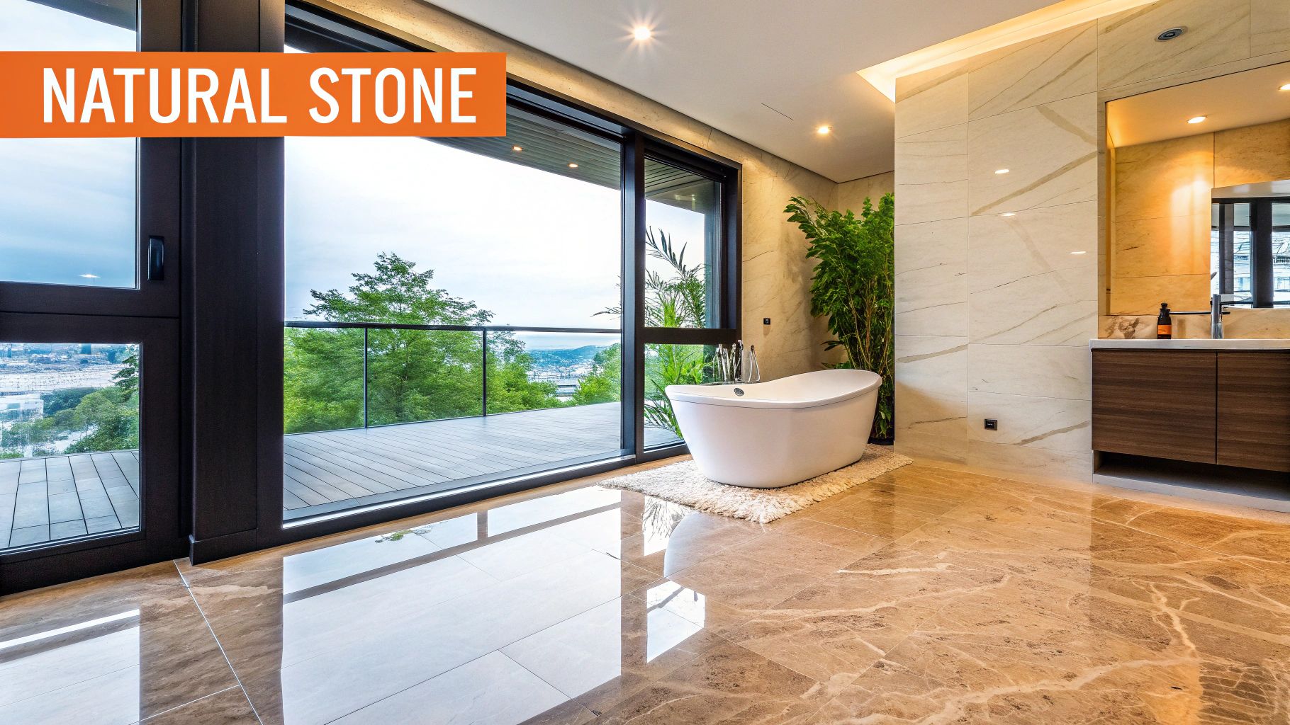 A luxurious bathroom featuring polished natural stone flooring and wall tiles, a freestanding tub, and a scenic balcony view.