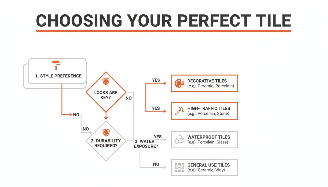 Flowchart illustrating the process of choosing bathroom tiles, highlighting style preference, durability, and water exposure considerations for selecting decorative, high-traffic, waterproof, or general use tiles.