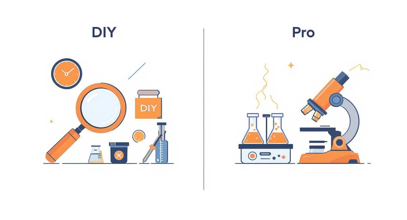 Infographic contrasting DIY air quality testing tools with professional laboratory analysis equipment, emphasizing the importance of expert testing for accurate indoor air quality assessments.