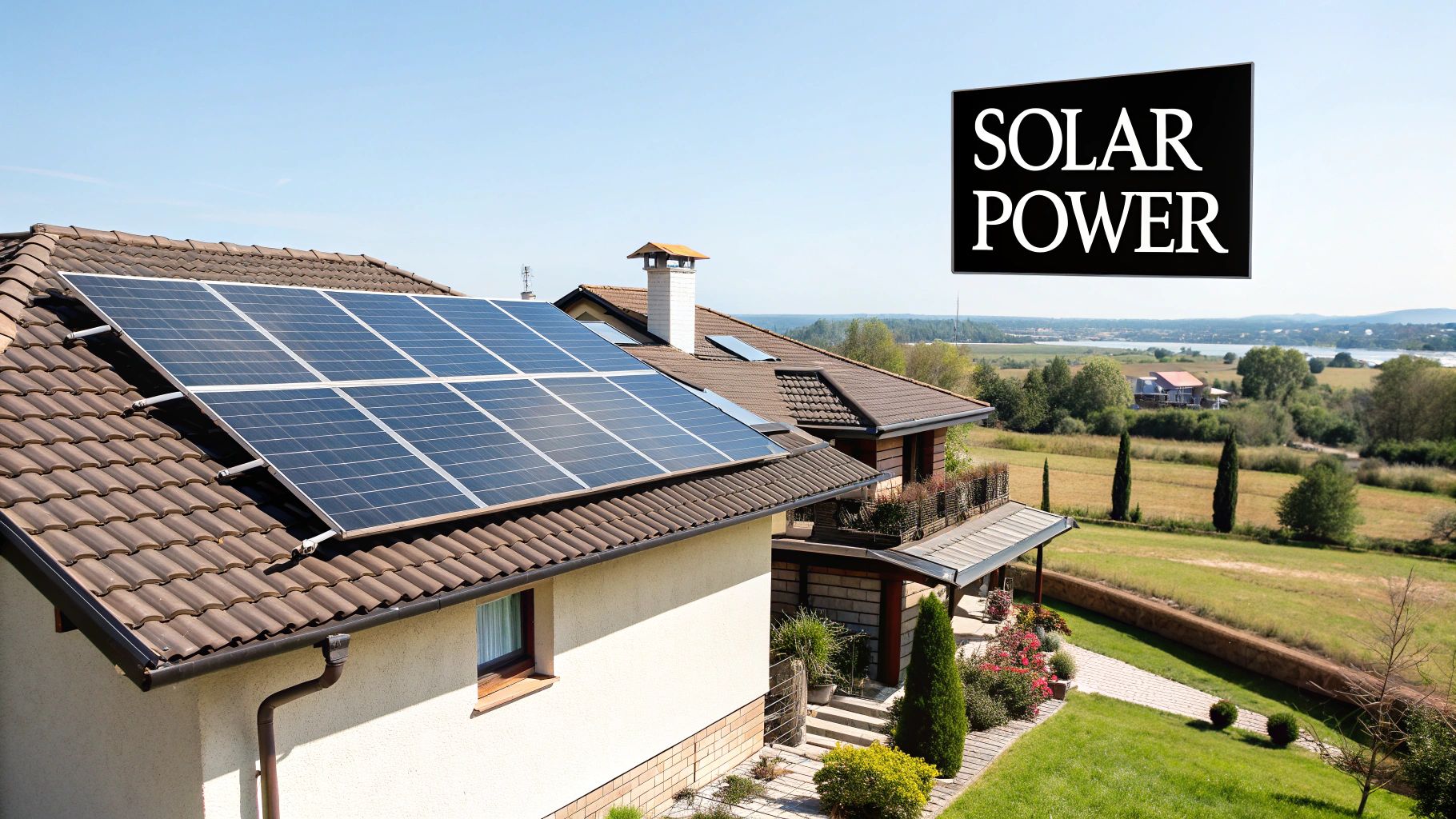 Rooftop solar panels on a modern home, showcasing energy efficiency and sustainability, with a scenic landscape in the background and "SOLAR POWER" text overlay.