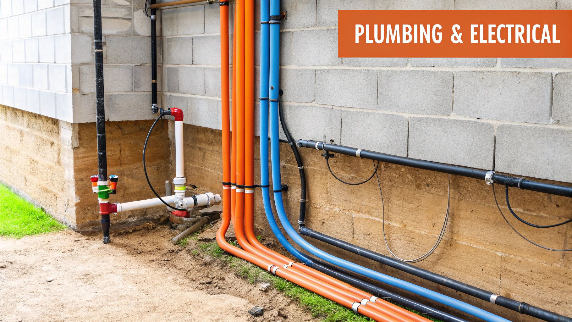 Plumbing and electrical systems with colorful pipes in a basement renovation context, highlighting essential infrastructure for bathroom installation.