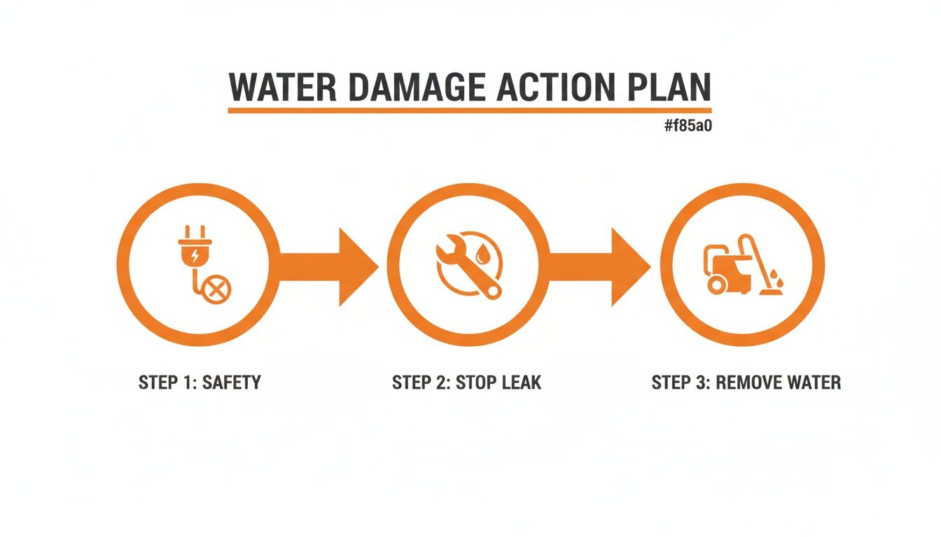 Water damage action plan illustration featuring three steps: safety, stop leak, and remove water, with corresponding icons for each step.