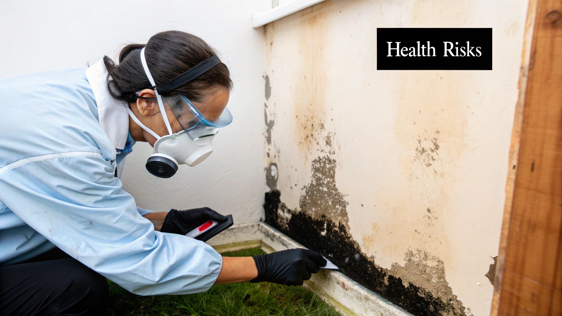Professional wearing protective gear removing mold from a wall, highlighting health risks associated with mold exposure after water damage.