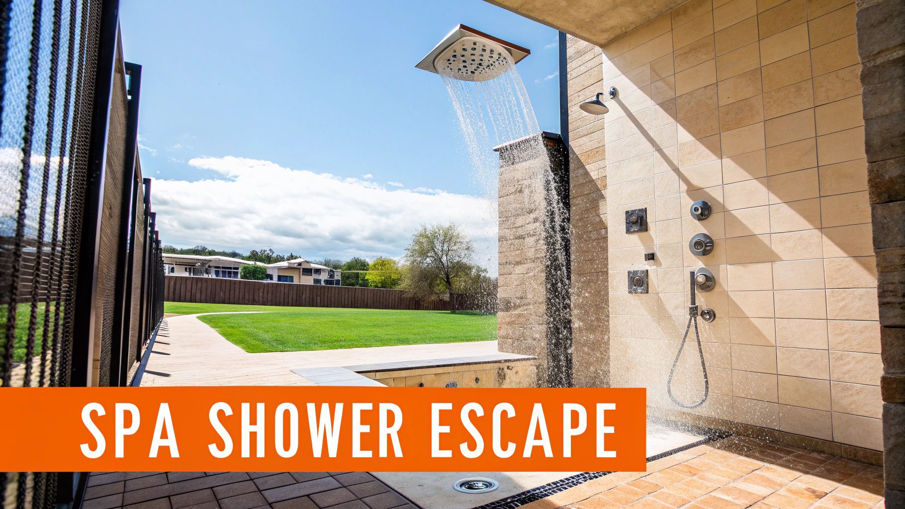 Spa-inspired outdoor shower system with rainfall showerhead and body jets, designed for luxury bathroom remodels, enhancing wellness and relaxation in an Orange County home.