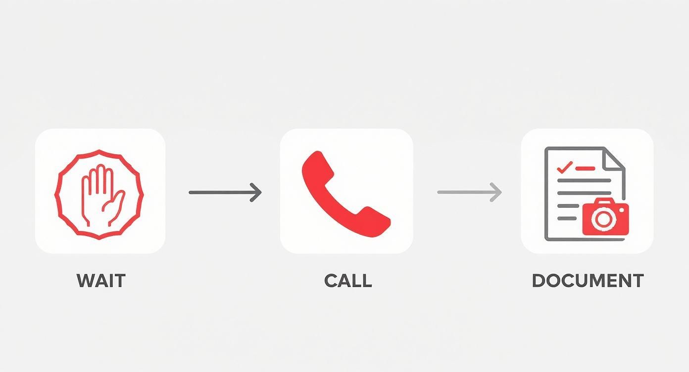 A three-step process: Wait (stop hand icon), Call (phone icon), and Document (camera on checklist icon).