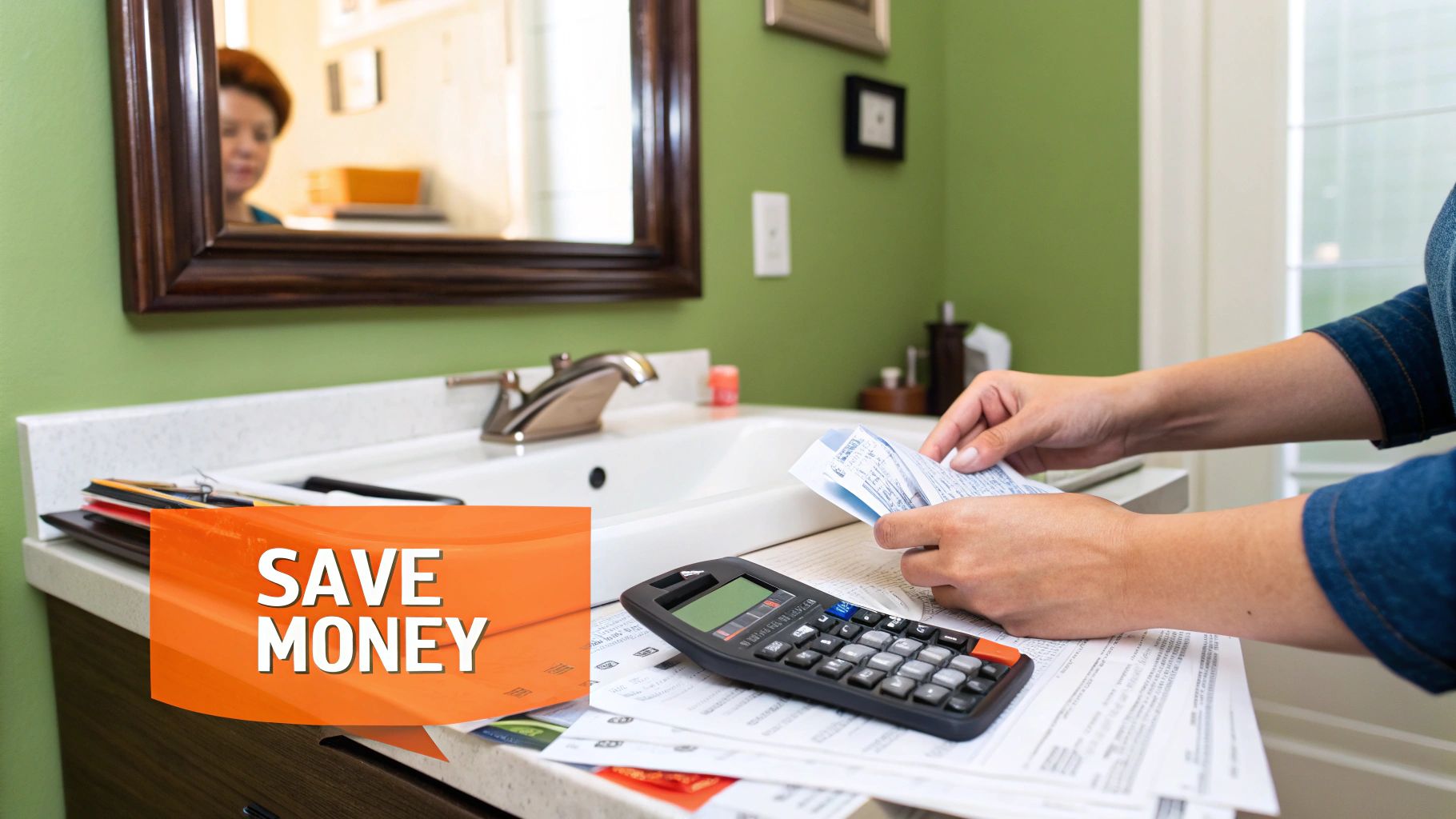Person calculating costs with a calculator and reviewing documents at a bathroom sink, emphasizing budgeting for home remodeling, with "Save Money" text overlay.