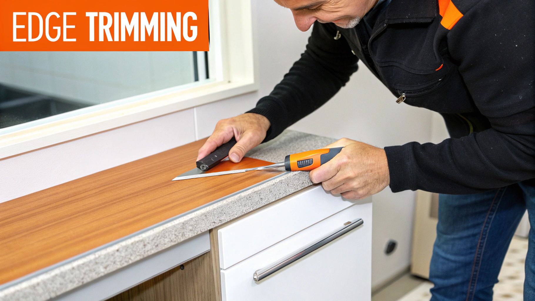 Man performing edge trimming on laminate countertop using a utility knife and square, demonstrating precise finishing techniques for cabinet refacing in a kitchen remodel.
