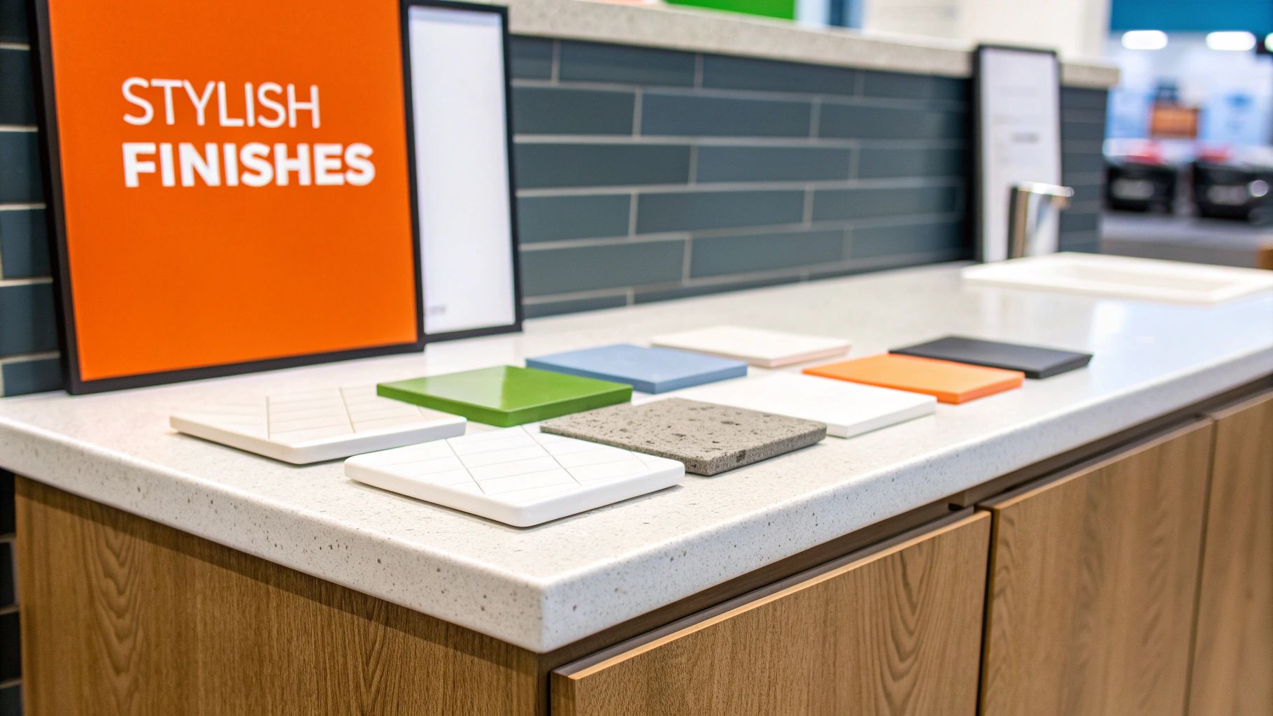 Stylish finishes display including various tiles and materials on a countertop, emphasizing design options for bathroom renovations.