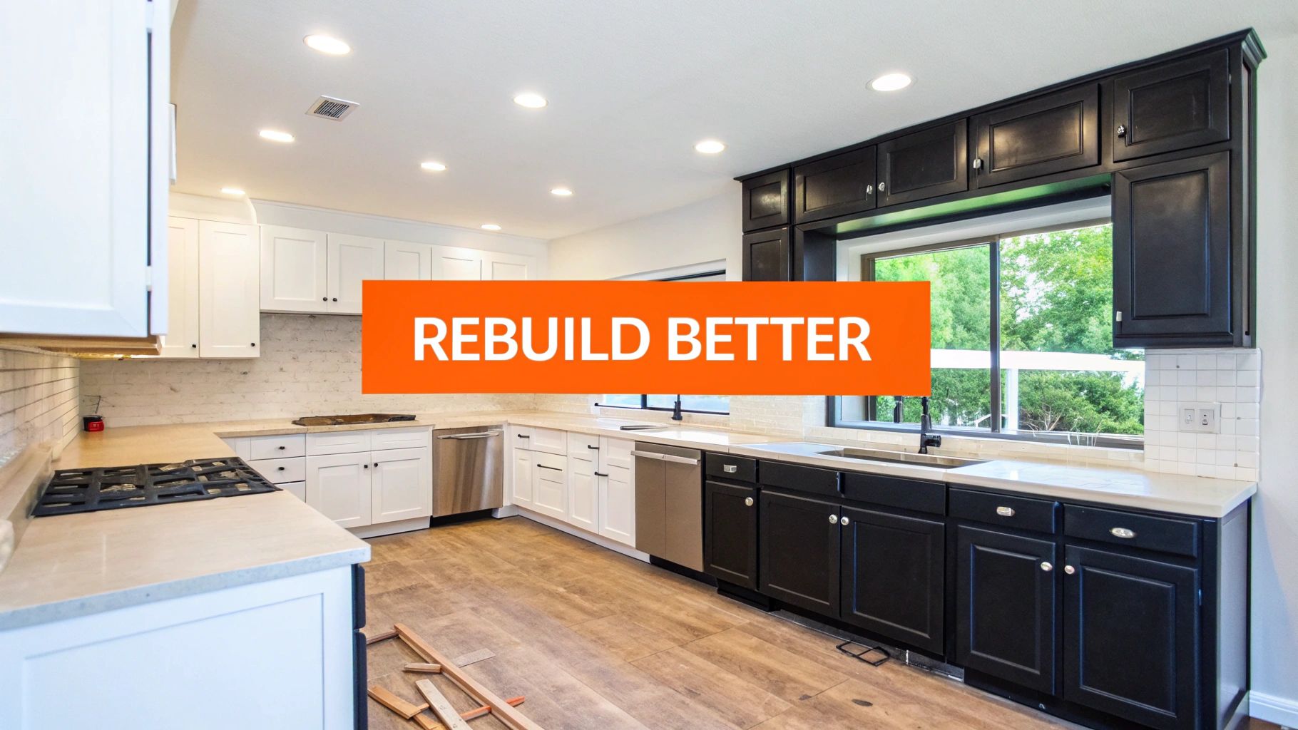 Modern kitchen interior featuring black and white cabinetry, stainless steel appliances, and an orange "REBUILD BETTER" overlay, emphasizing home renovation and restoration after fire damage.