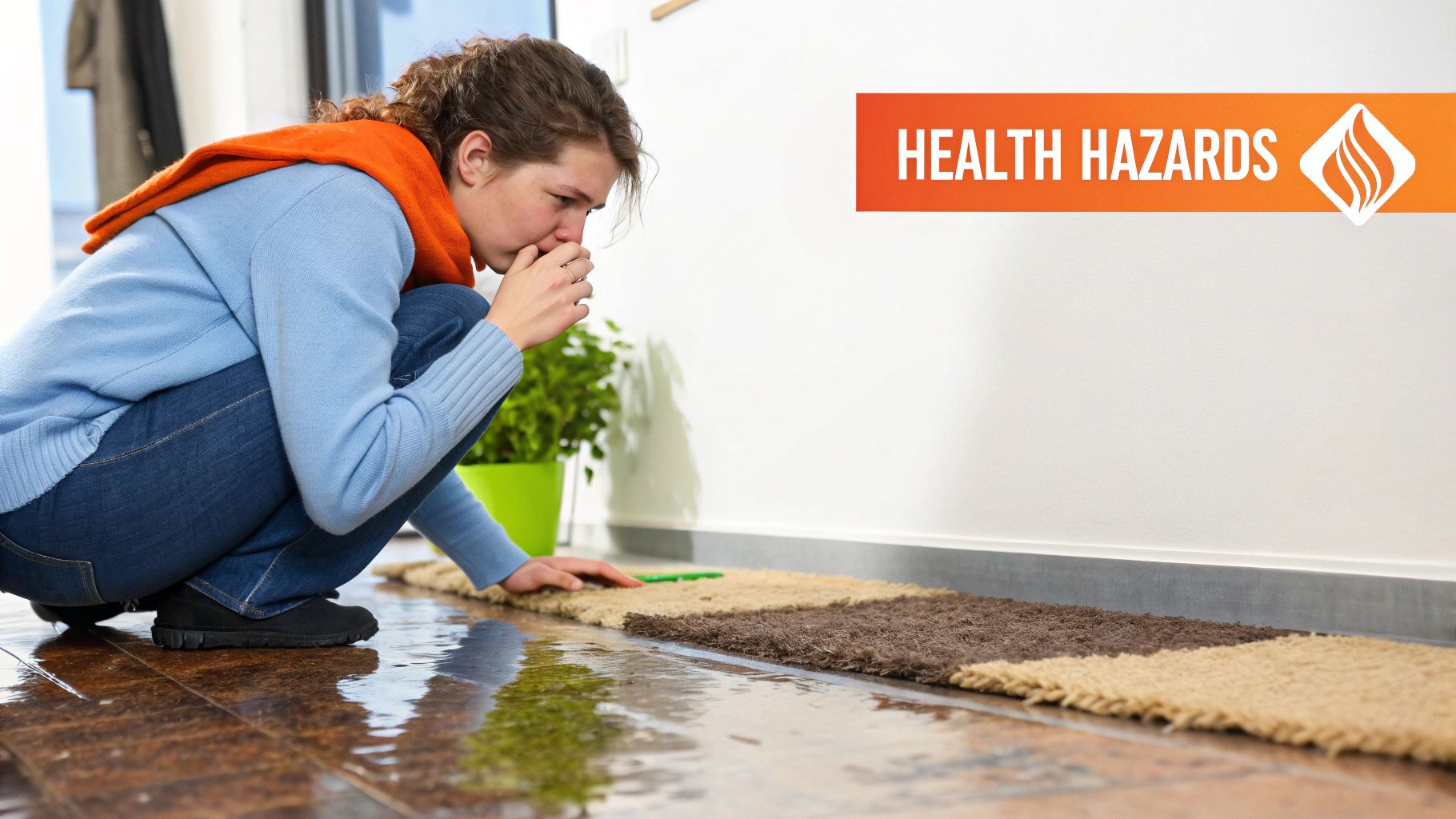 Woman crouching near wet carpet, assessing water damage and potential mold growth, with "HEALTH HAZARDS" text overlay, emphasizing the risks of mold in homes.