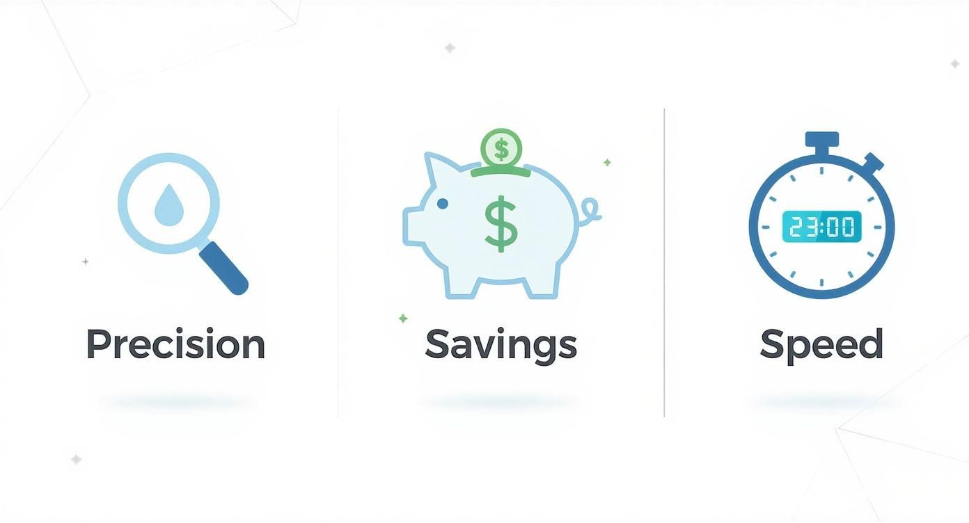 Three icons illustrating key benefits: a magnifying glass for precision, a piggy bank for savings, and a stopwatch for speed.