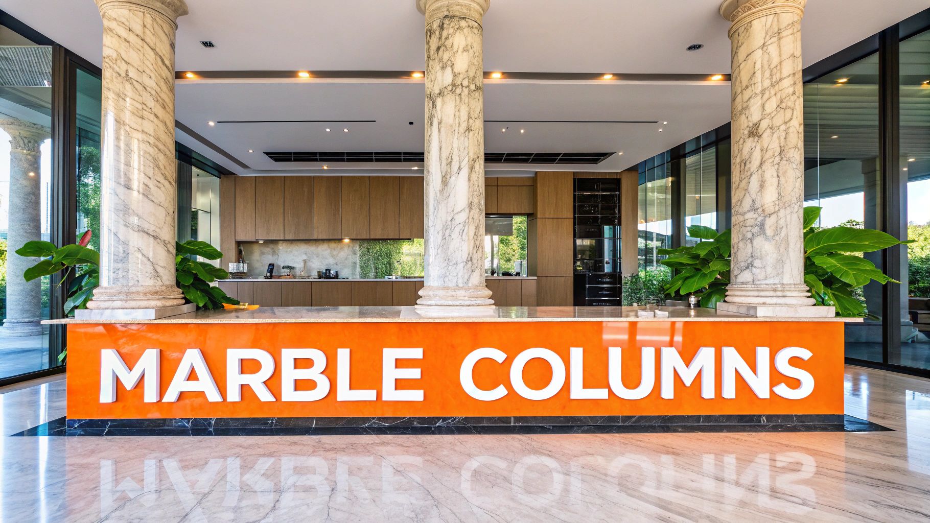 A modern interior features large marble columns, a vibrant orange counter, and a stylish kitchen area.
